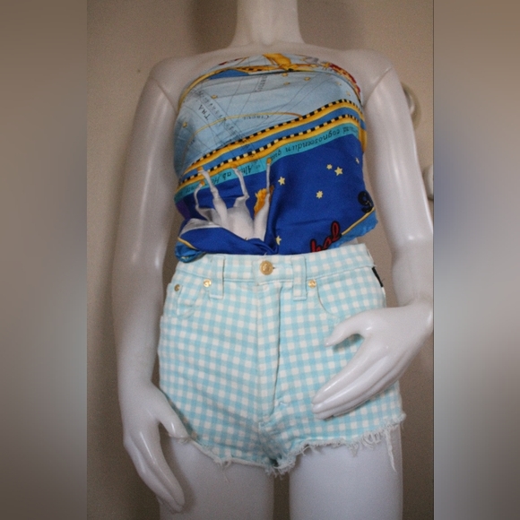 💙 Vintage Versace '90s Plaid High Waist Prairie Shorts - Picture 4 of 16